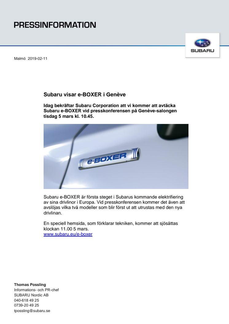 Subaru visar e-BOXER i Genève
