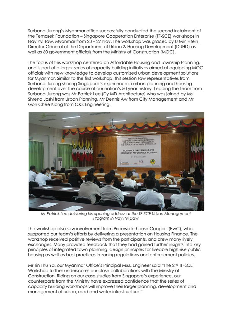 Surbana Jurong conducts 2nd Urban Management Programme for Myanmar’s Ministry of Construction in Nay Pyi Taw
