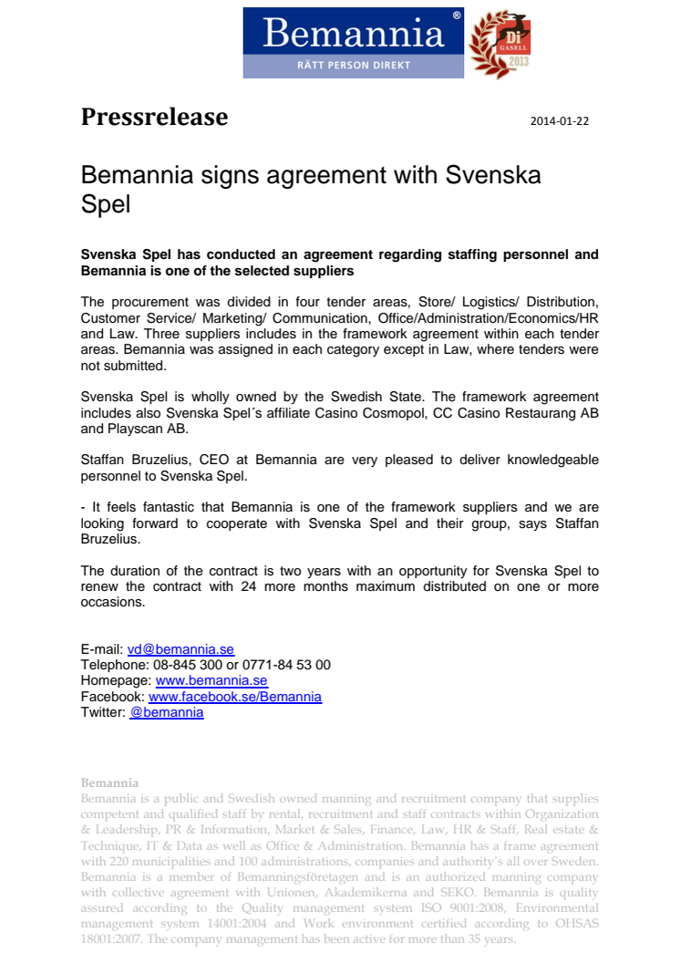 Bemannia signs agreement with Svenska Spel  