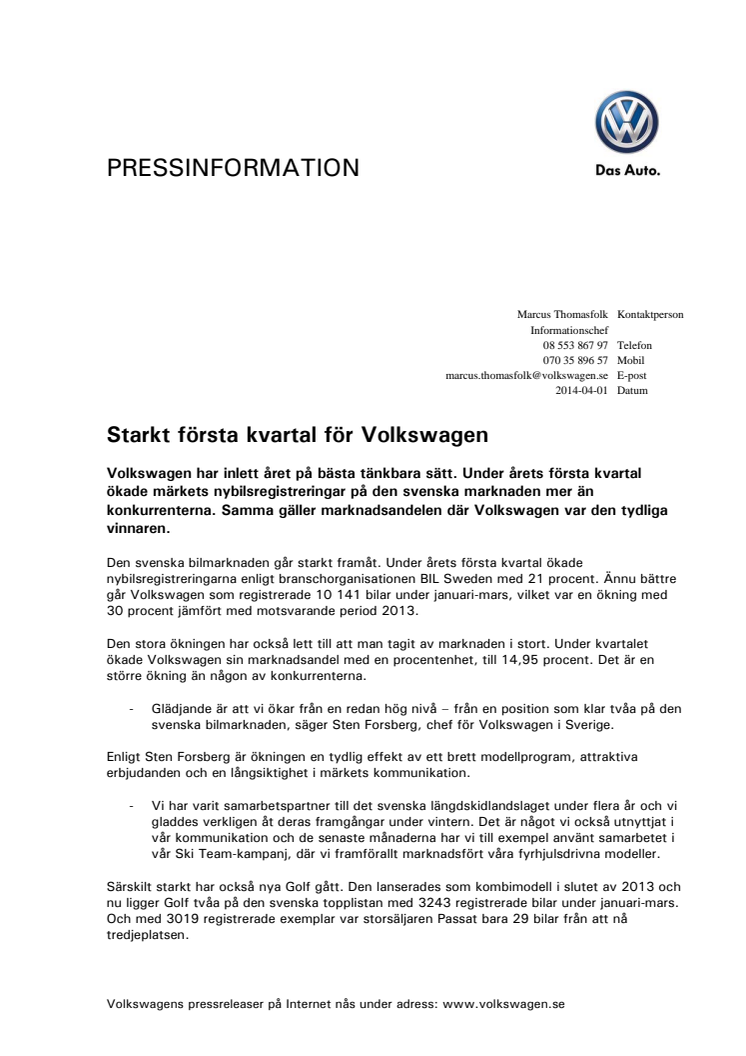 Starkt första kvartal för Volkswagen