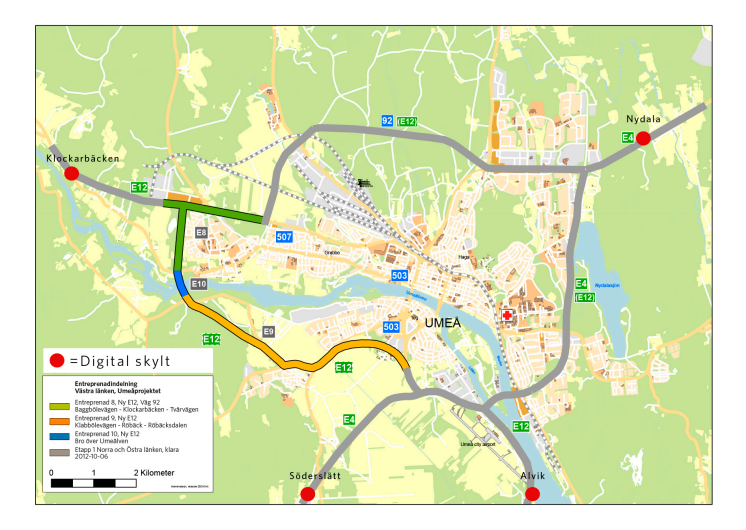 Karta digitala vägskyltar Umeå