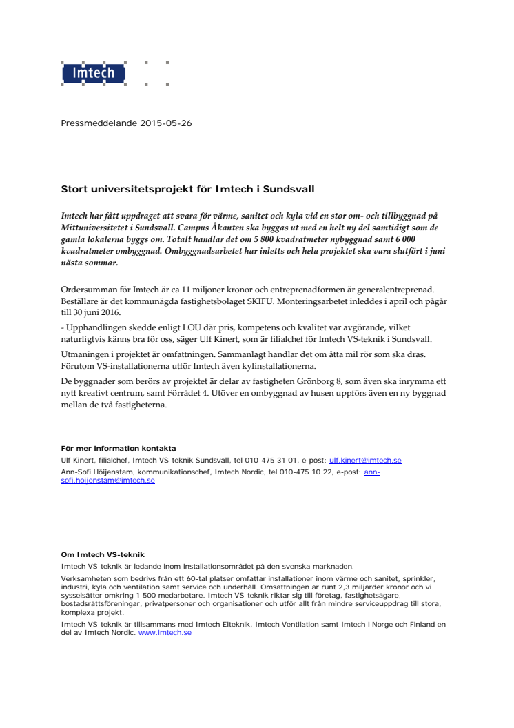 Stort universitetsprojekt för Imtech i Sundsvall