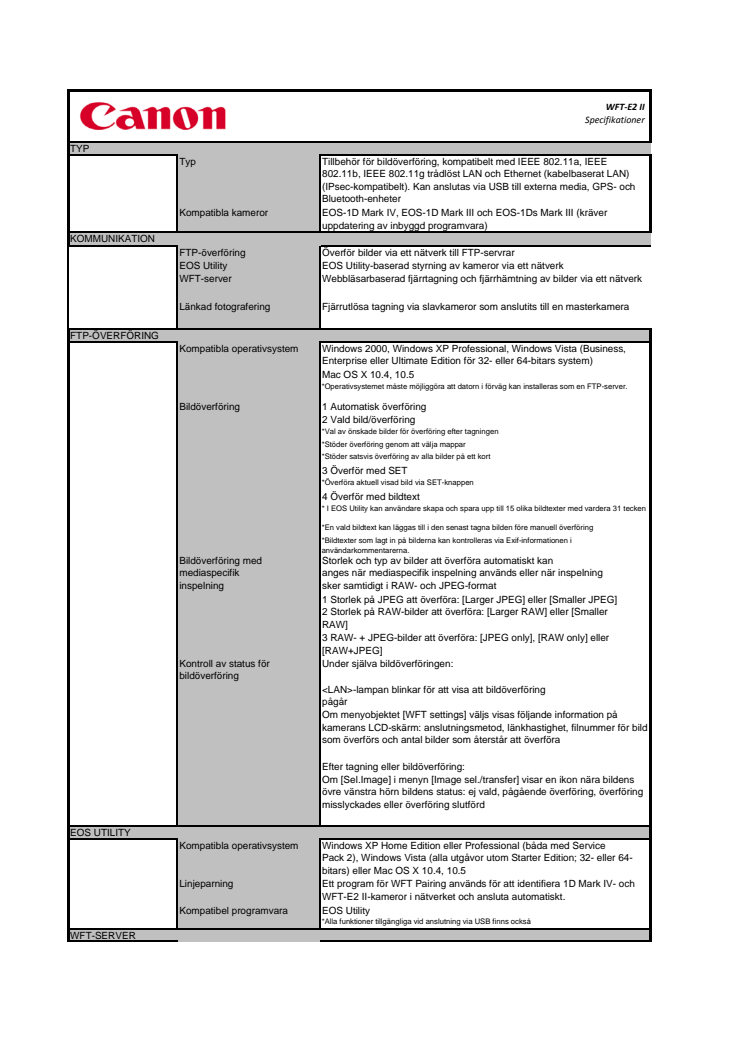 Teknisk specifikation WFT-E2 II