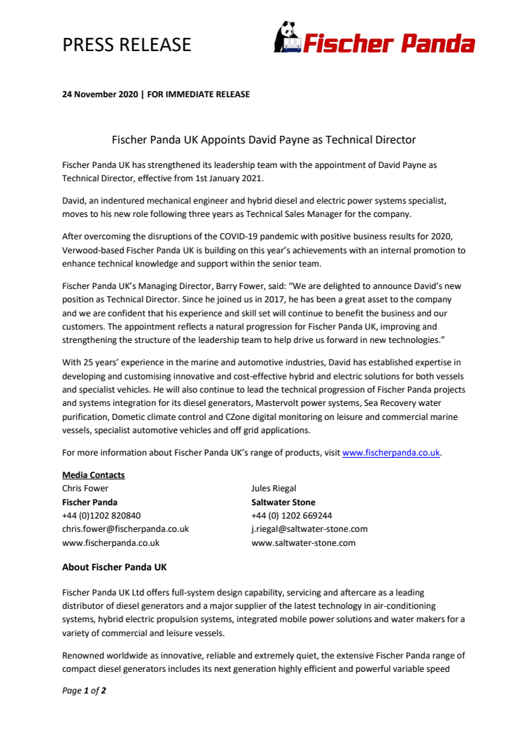 Fischer Panda UK Appoints David Payne as Technical Director