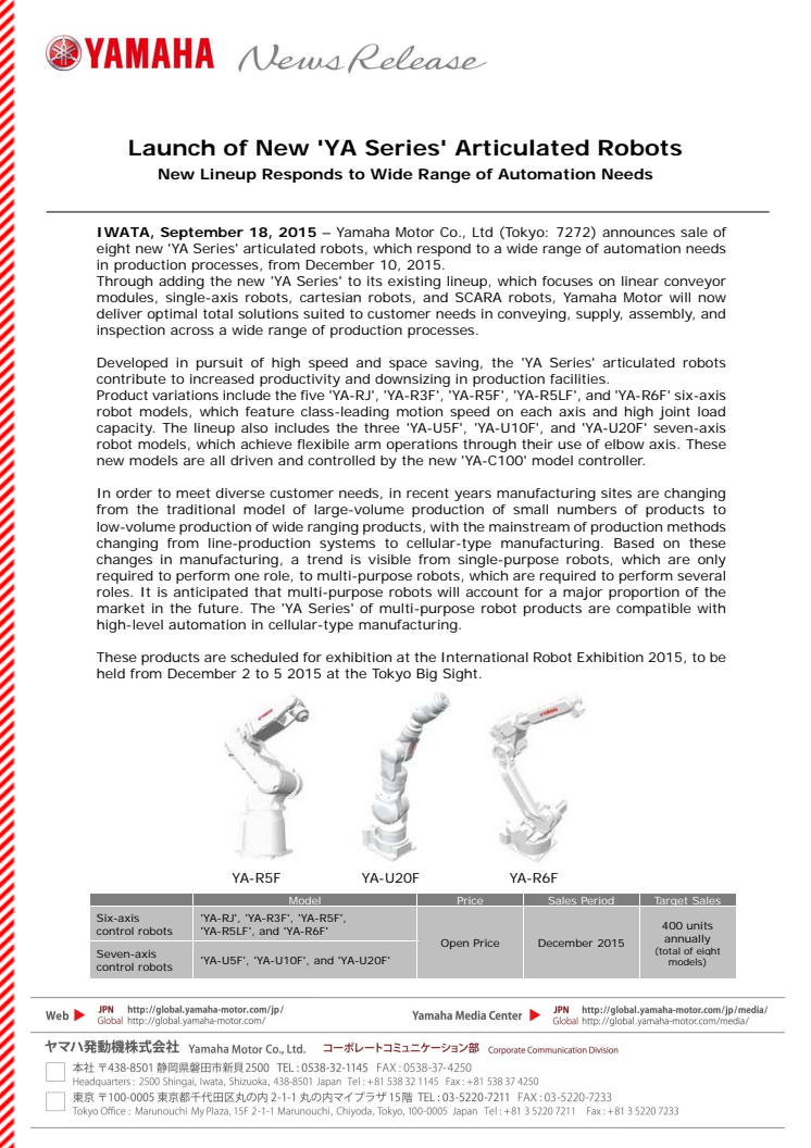 Launch of New 'YA Series' Articulated Robots