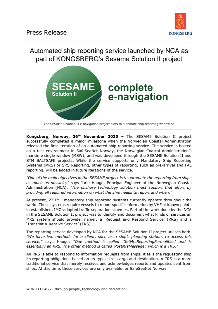 Automated ship reporting service launched by NCA as part of KONGSBERG’s Sesame Solution II project