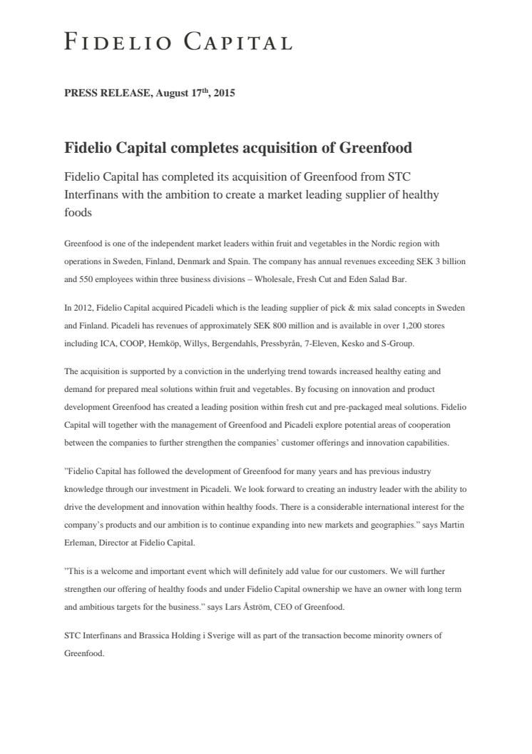 Fidelio Capital completes acquisition of Greenfood