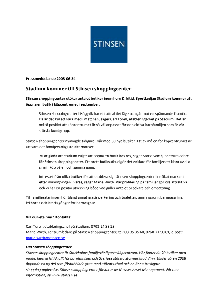Stadium kommer till Stinsen shoppingcenter
