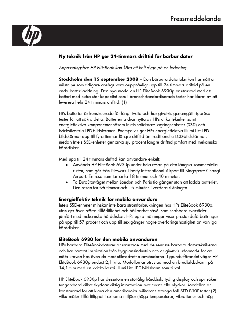 Ny teknik från HP ger 24-timmars drifttid för bärbar dator