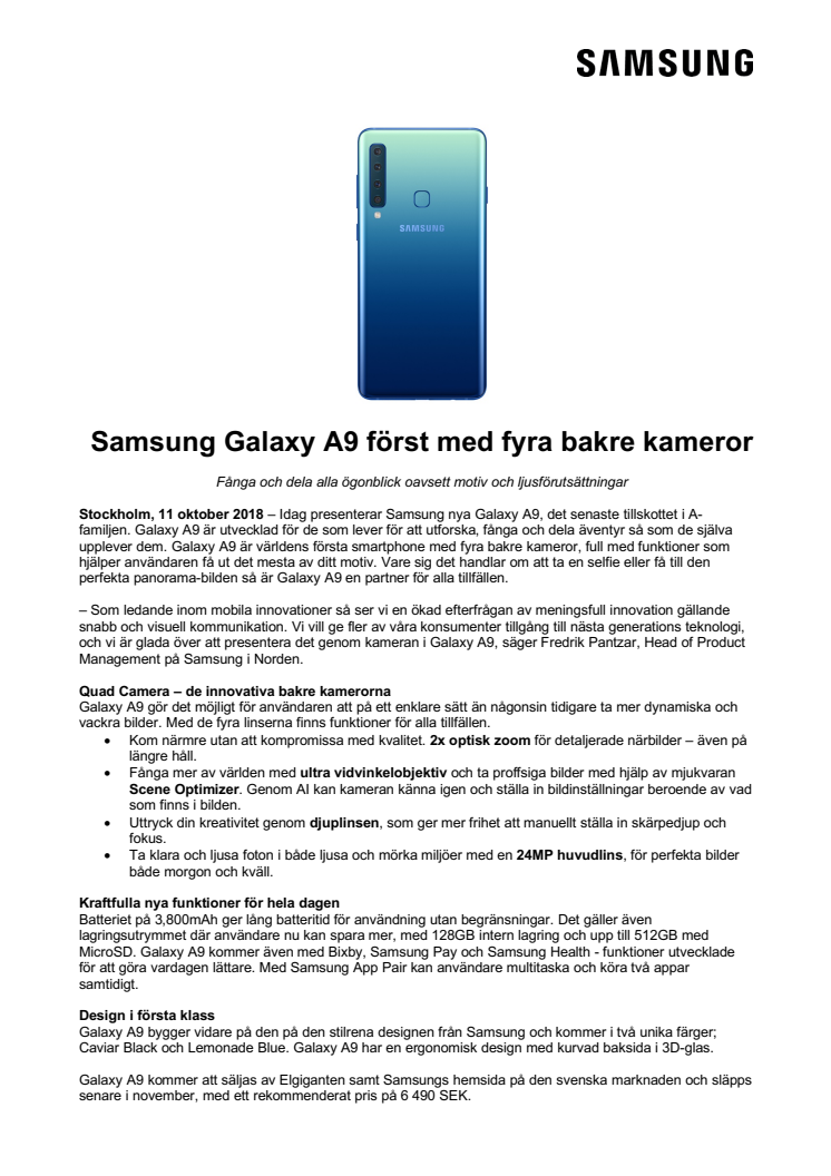 Samsung Galaxy A9 först med fyra bakre kameror