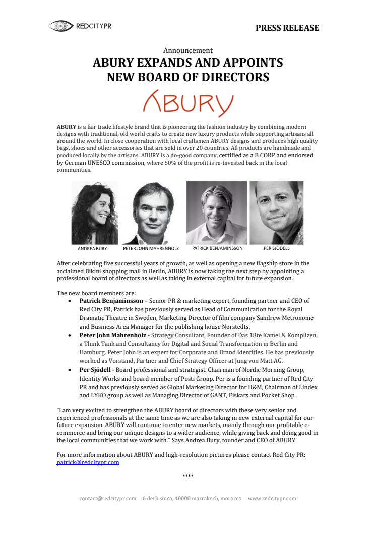 ABURY EXPANDS AND APPOINTS  NEW BOARD OF DIRECTORS