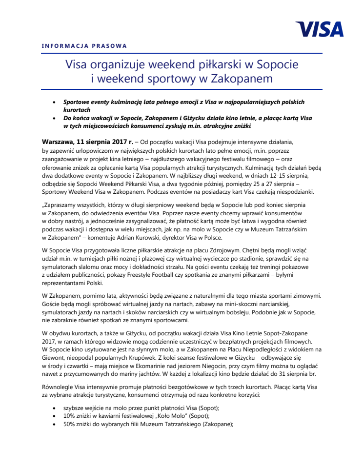 Visa organizuje weekend piłkarski w Sopocie i weekend sportowy w Zakopanem