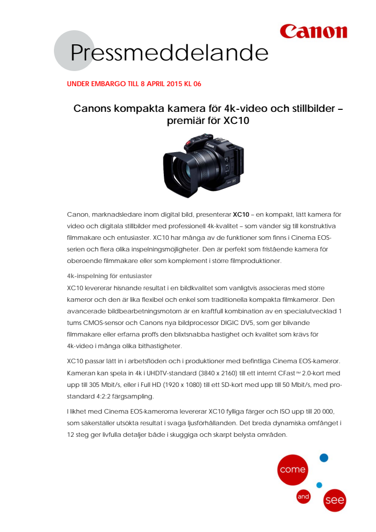 Canons kompakta kamera för 4k-video och stillbilder – premiär för XC10