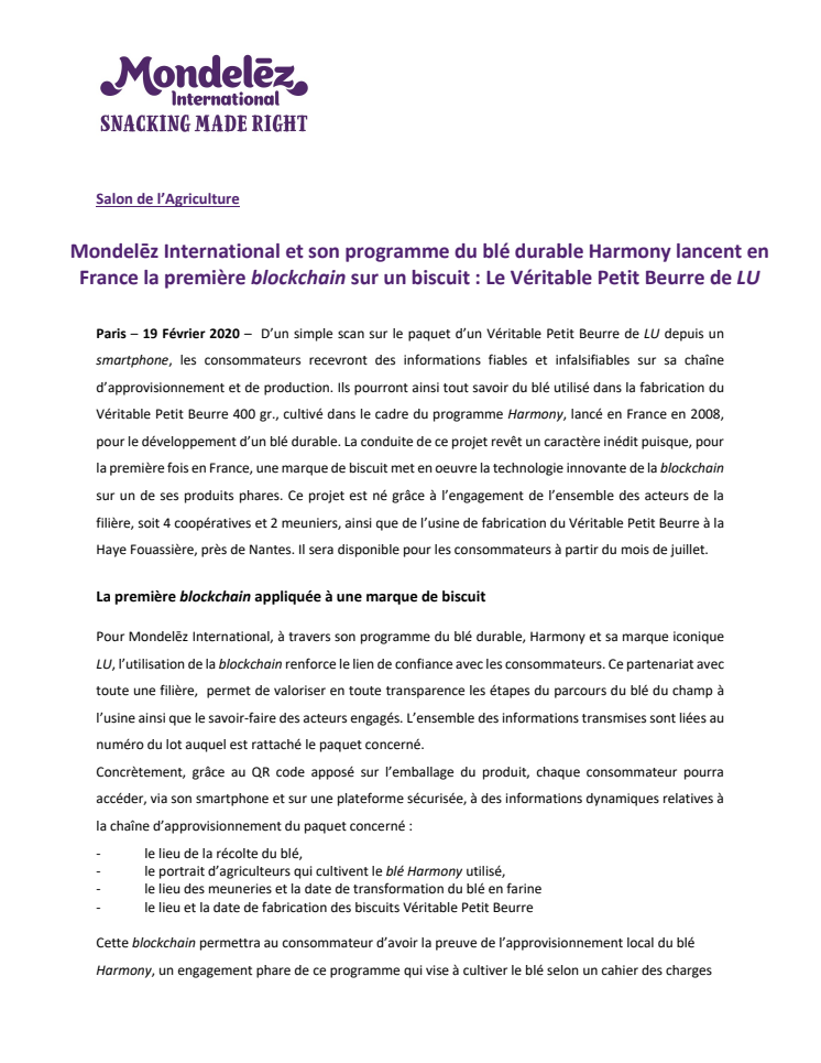 Mondelēz International et son programme du blé durable Harmony lancent en France la première blockchain sur un biscuit : Le Véritable Petit Beurre de LU 