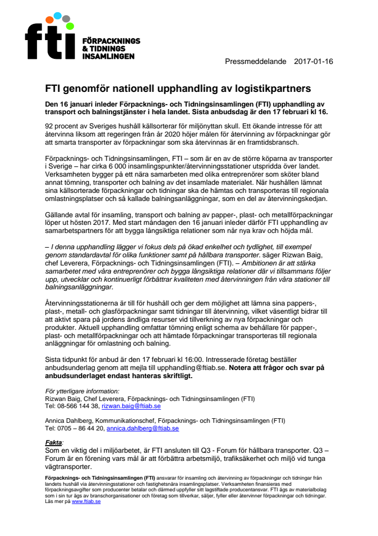 FTI genomför nationell upphandling av logistikpartners