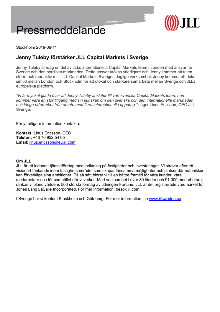 Jenny Tuleby förstärker JLL Capital Markets i Sverige