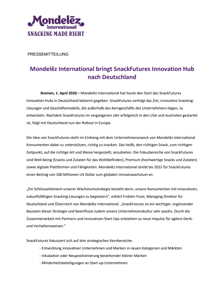 Mondelēz International bringt SnackFutures Innovation Hub nach Deutschland
