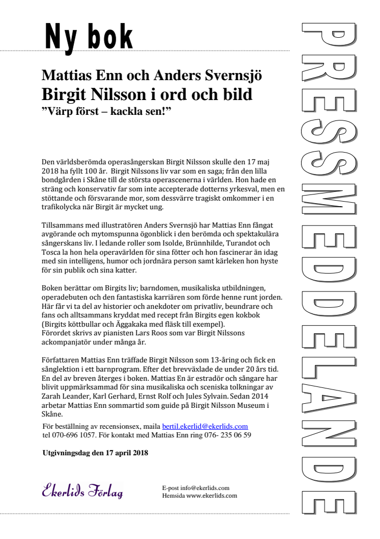 Ny bok: Birgit Nilsson i ord och bild - "Värp först, kackla sen!" av Mattias Enn och Anders Svernsjö