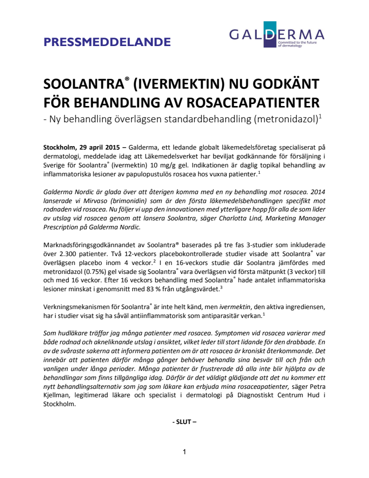 SOOLANTRA® (IVERMEKTIN) NU GODKÄNT FÖR BEHANDLING AV ROSACEAPATIENTER