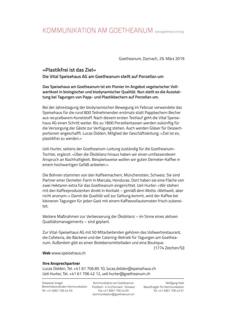 «Plastikfrei ist das Ziel». ​Die Vital Speisehaus AG am Goetheanum stellt auf Porzellan um
