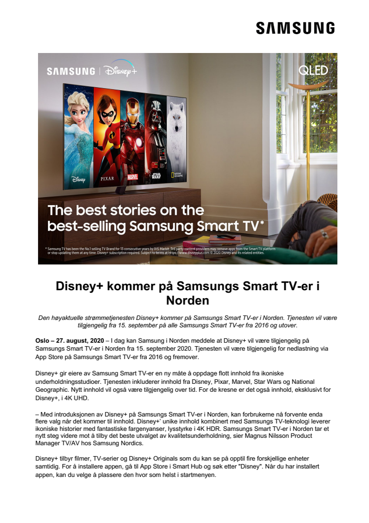Disney+ kommer på Samsungs Smart TV-er i Norden