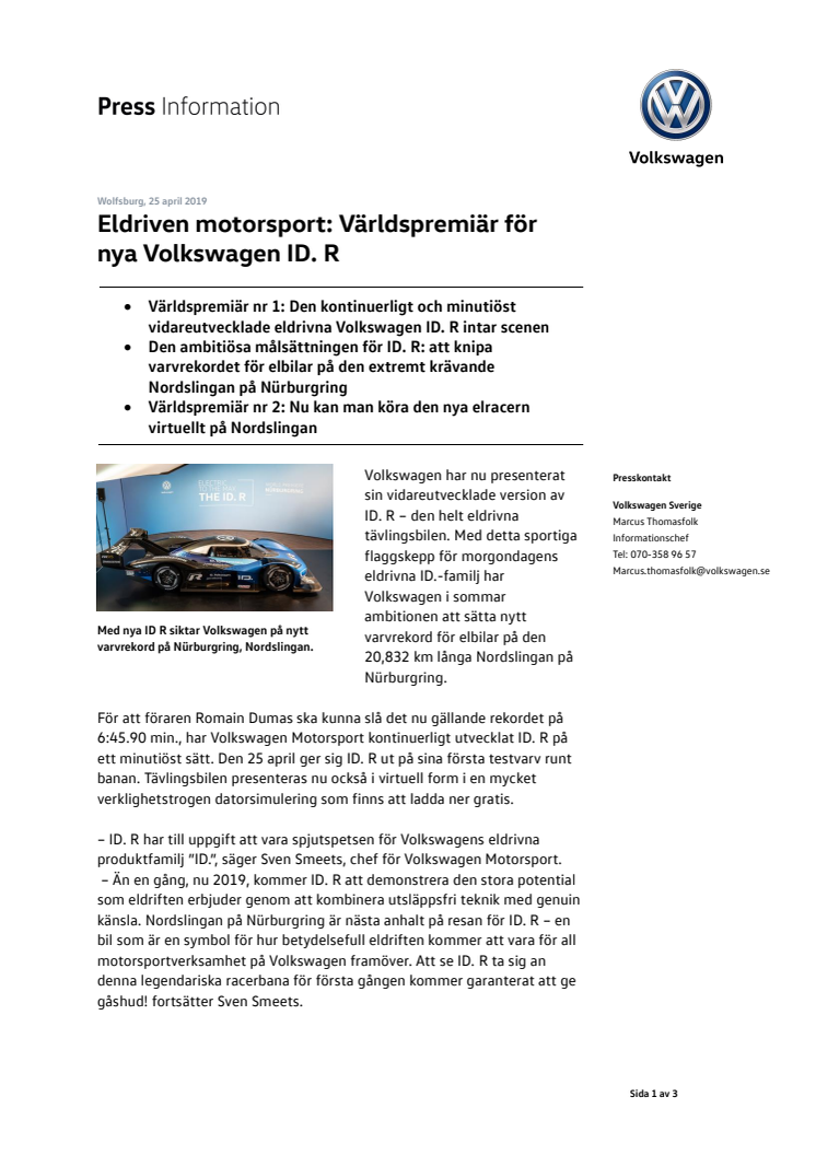 Eldriven motorsport: Världspremiär för nya Volkswagen ID. R