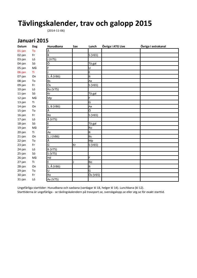 Tävlingskalender 2015