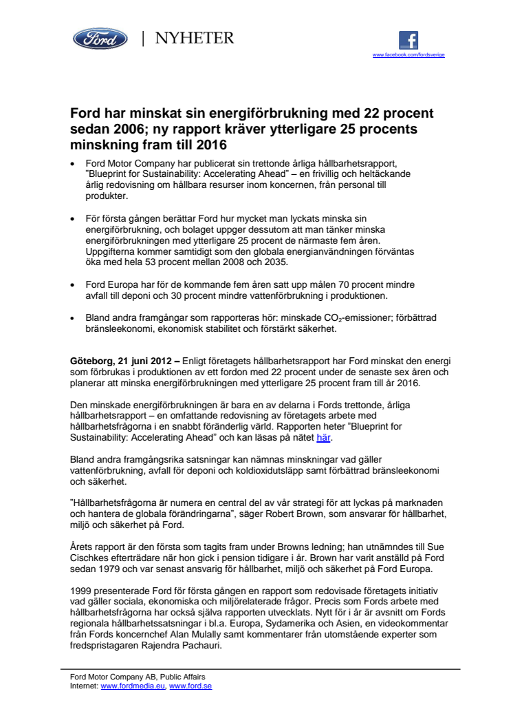 Ford har minskat sin energiförbrukning med 22 procent sedan 2006; ny rapport kräver ytterligare 25 procents minskning fram till 2016