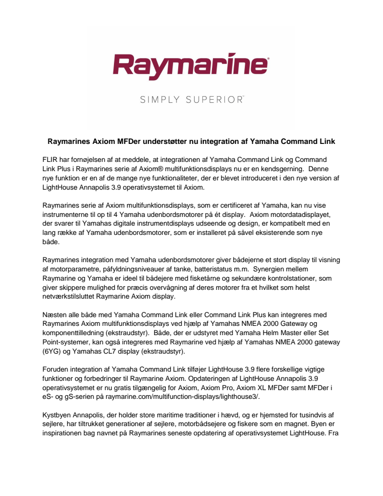 Raymarines Axiom MFDer understøtter nu integration af Yamaha Command Link 