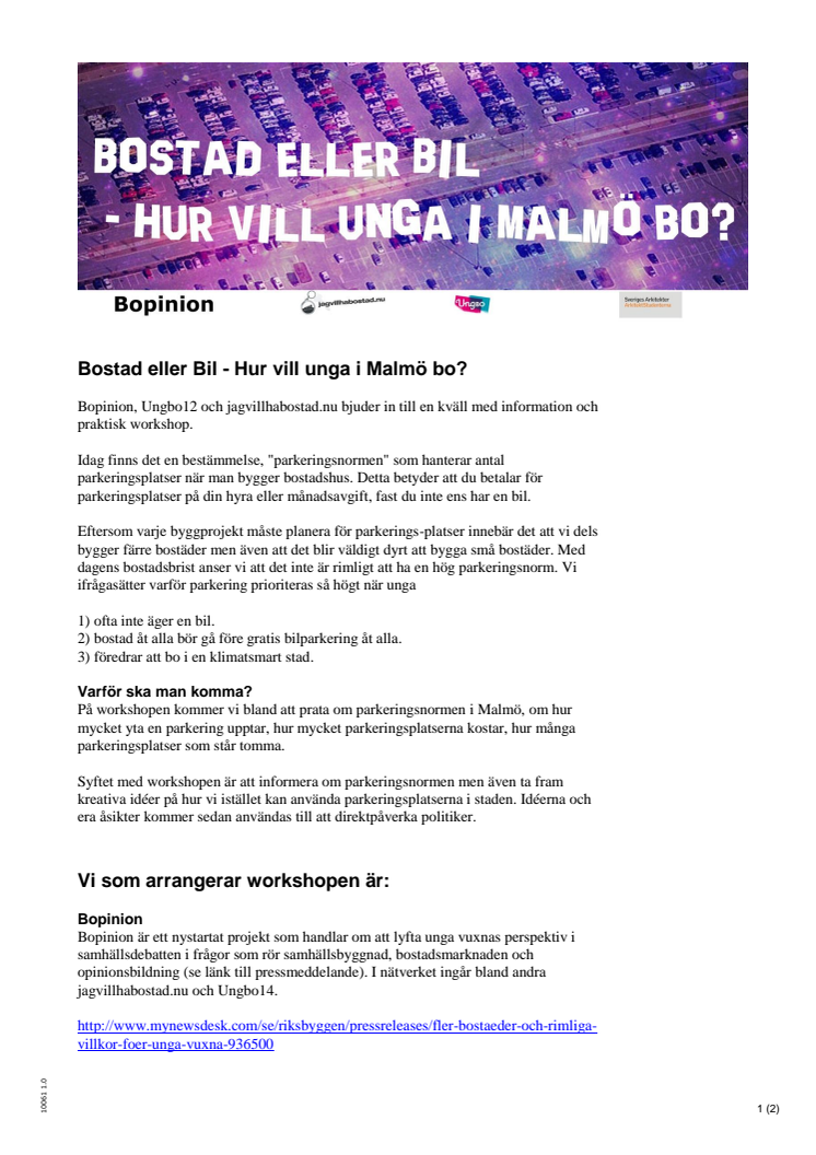 Påminnelse: Bil eller bostad – hur vill unga i Malmö bo?