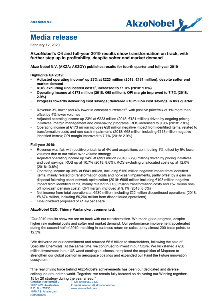 AkzoNobel’s Q4 and full-year 2019 results show transformation on track, with further step up in profitability, despite softer end market demand 