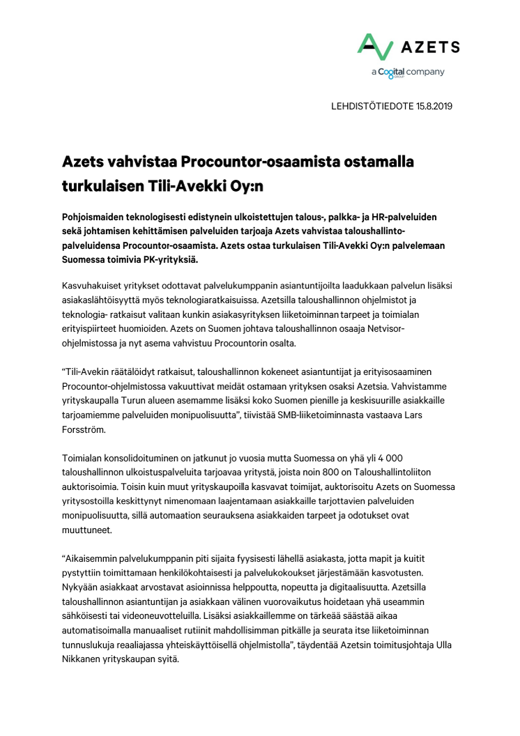 Azets vahvistaa Procountor-osaamista ostamalla turkulaisen Tili-Avekki Oy:n