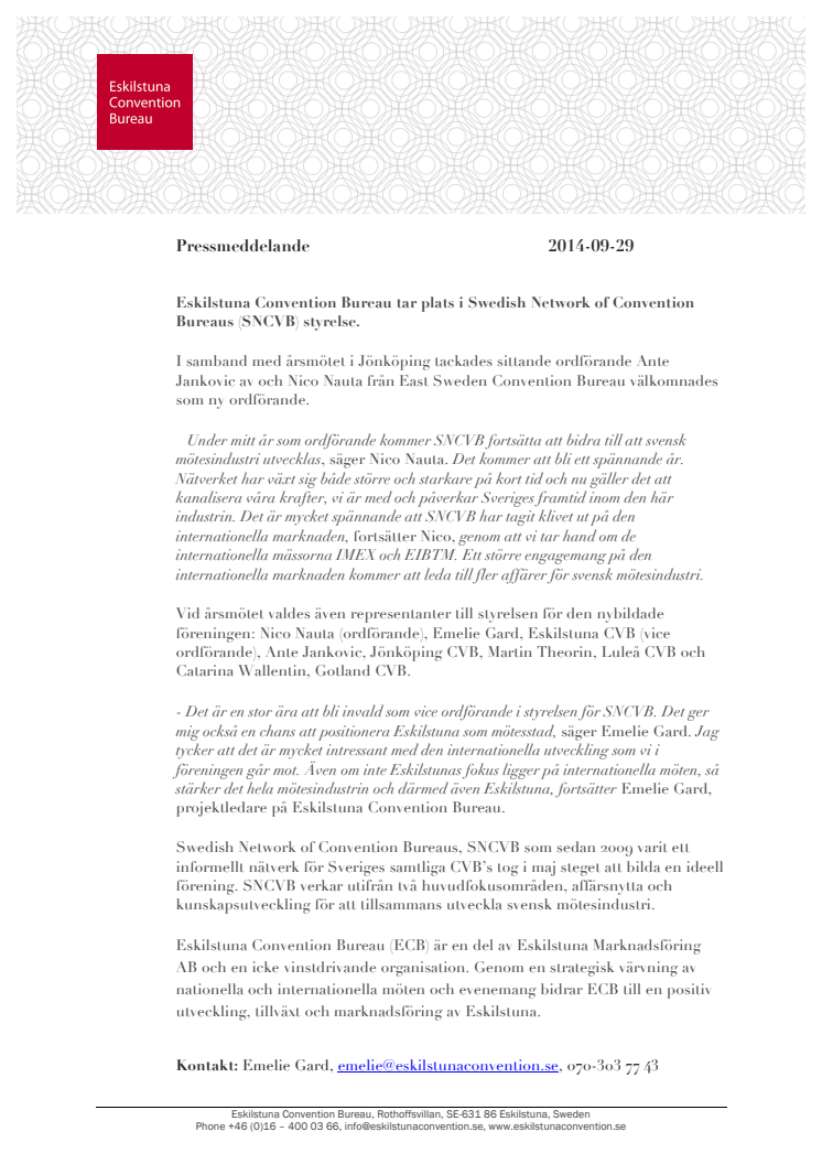 Eskilstuna Convention Bureau tar plats i Swedish Network of Convention Bureaus styrelse