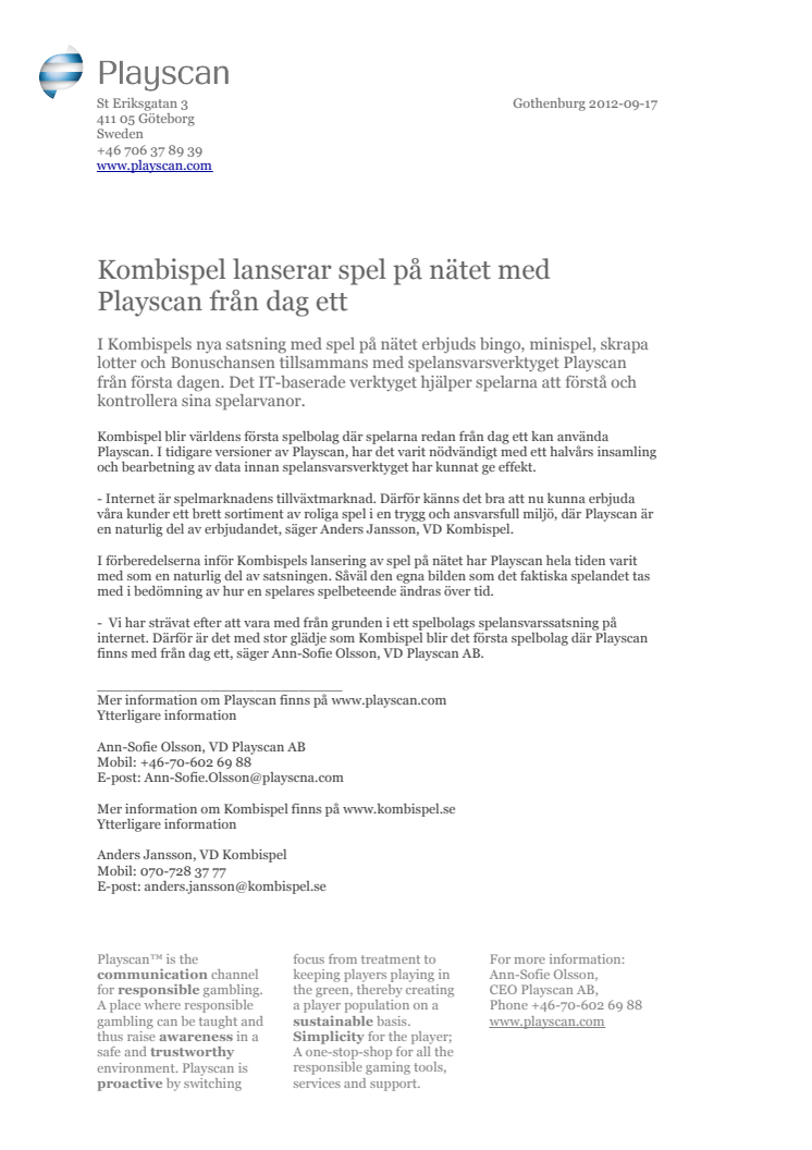 Kombispel lanserar spel på nätet med Playscan från dag ett