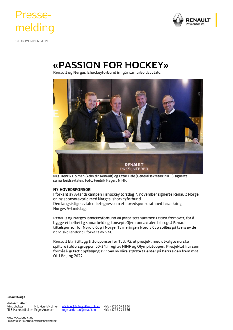 Renault og Norges Ishockeyforbund inngår samarbeidsavtale