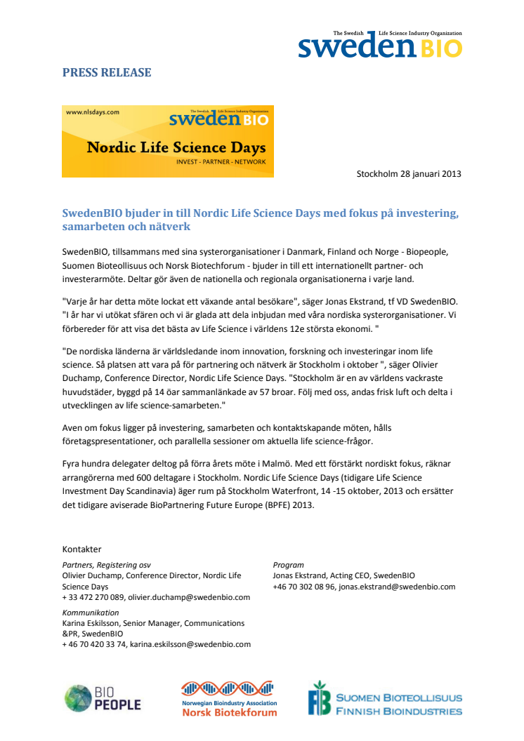 SwedenBIO bjuder in till Nordic Life Science Days med fokus på investering, samarbeten och nätverk