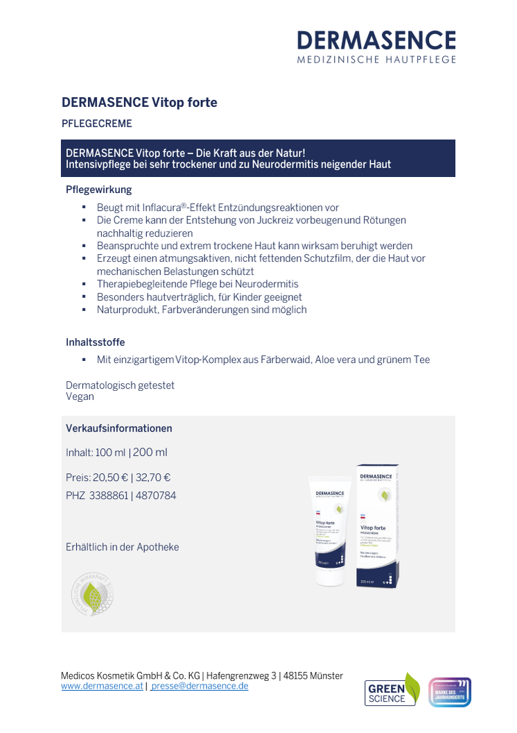 Factsheet AT: DERMASENCE Vitop forte Pflegecreme 100 ml - 200 ml