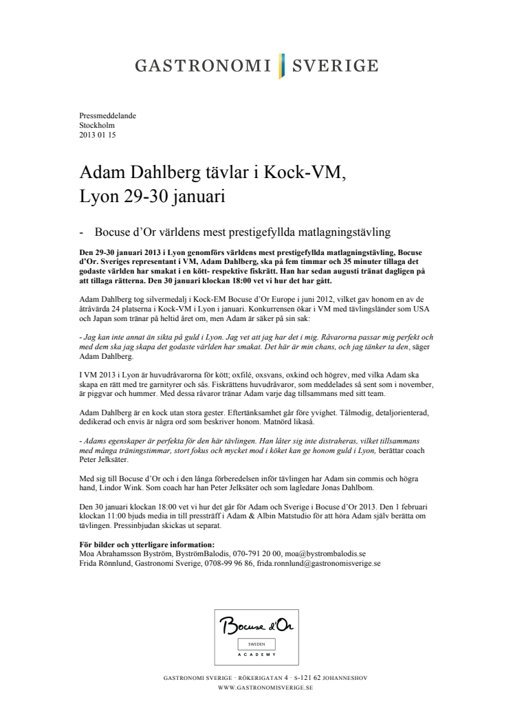 Adam Dahlberg tävlar i Kock-VM, Lyon 29-30 januari 