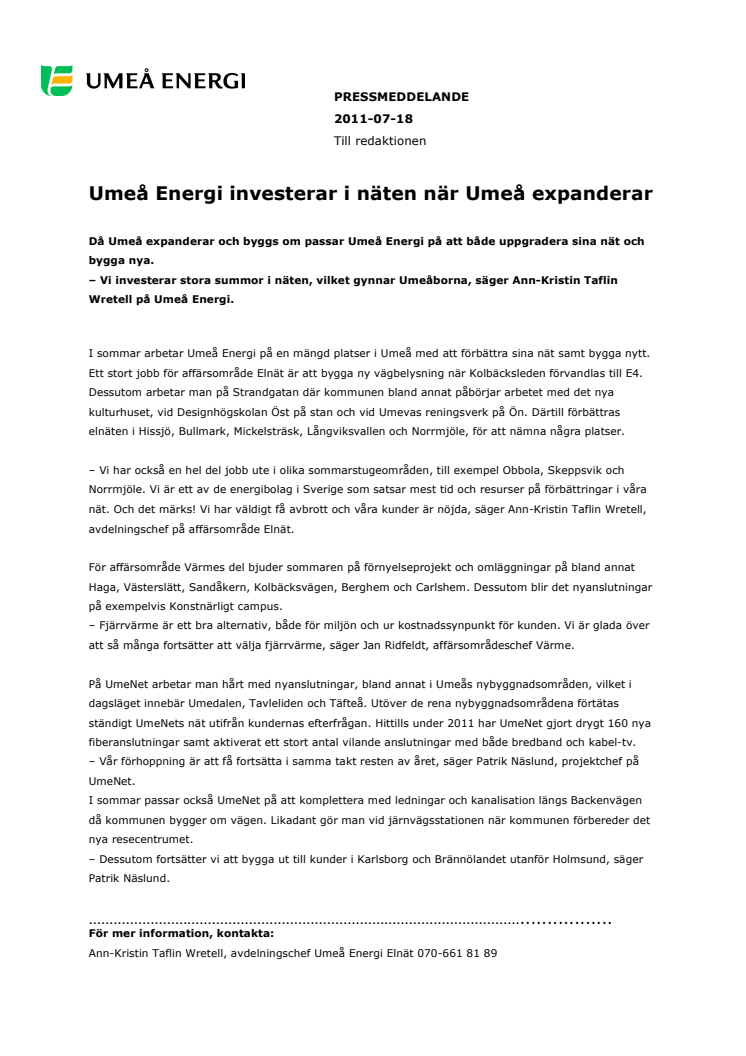 Umeå Energi investerar i näten när Umeå expanderar