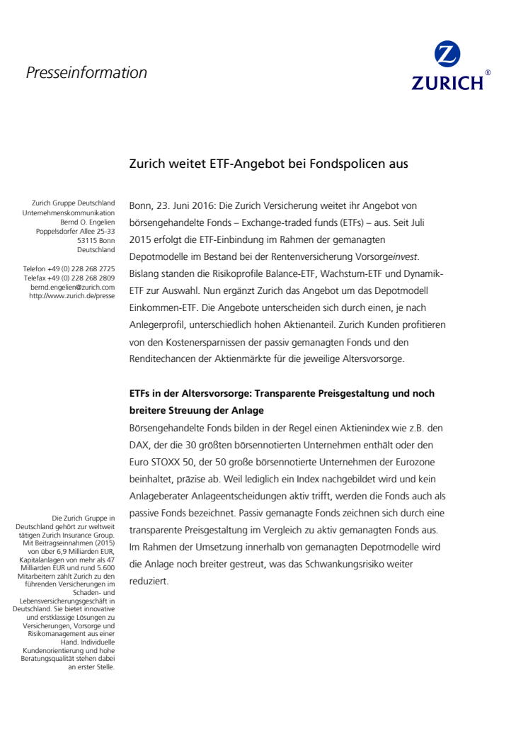 Zurich weitet ETF-Angebot bei Fondspolicen aus