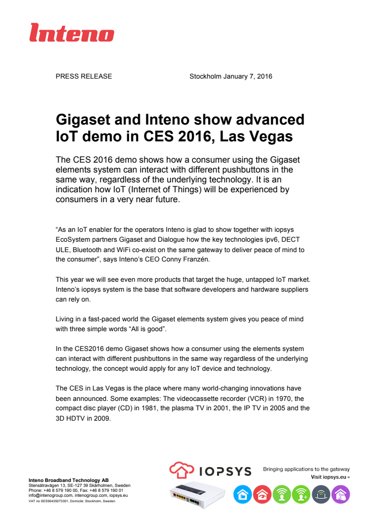 Gigaset and Inteno show advanced IoT demo in CES 2016, Las Vegas