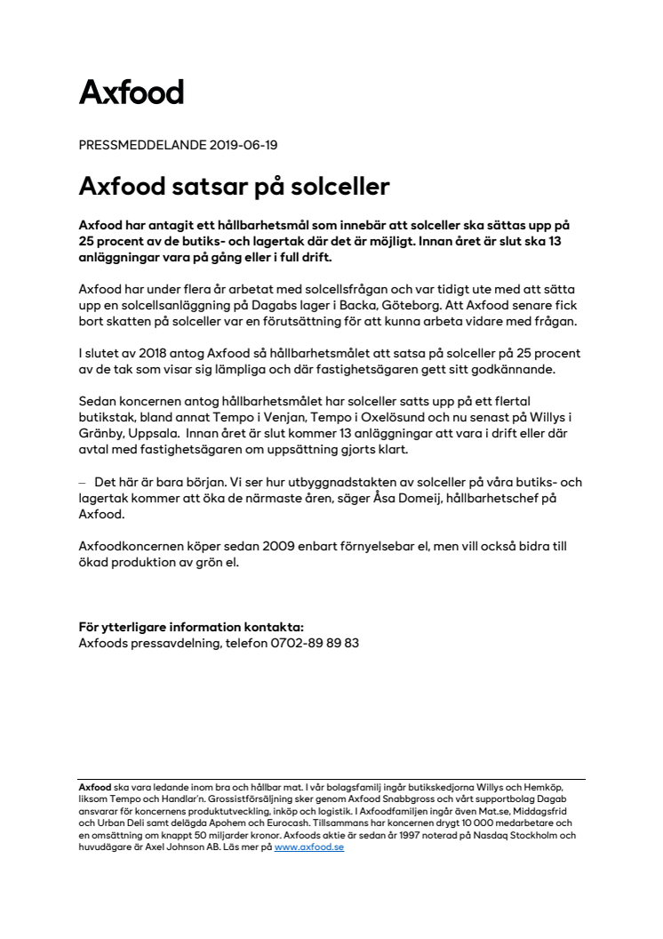 Axfood satsar på solceller