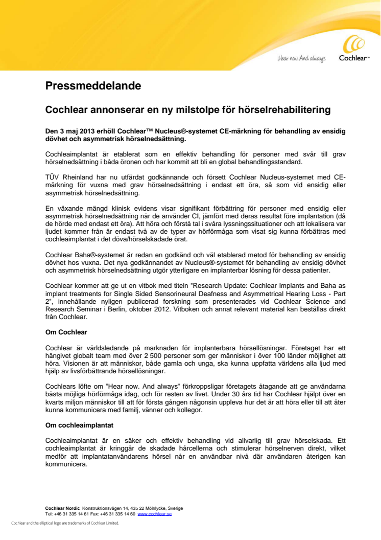 Cochlear annonserar en ny milstolpe för hörselrehabilitering