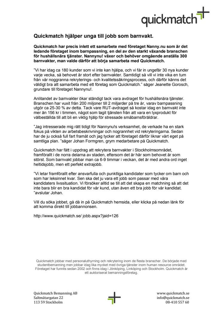 Quickmatch hjälper unga att jobba som barnvakt