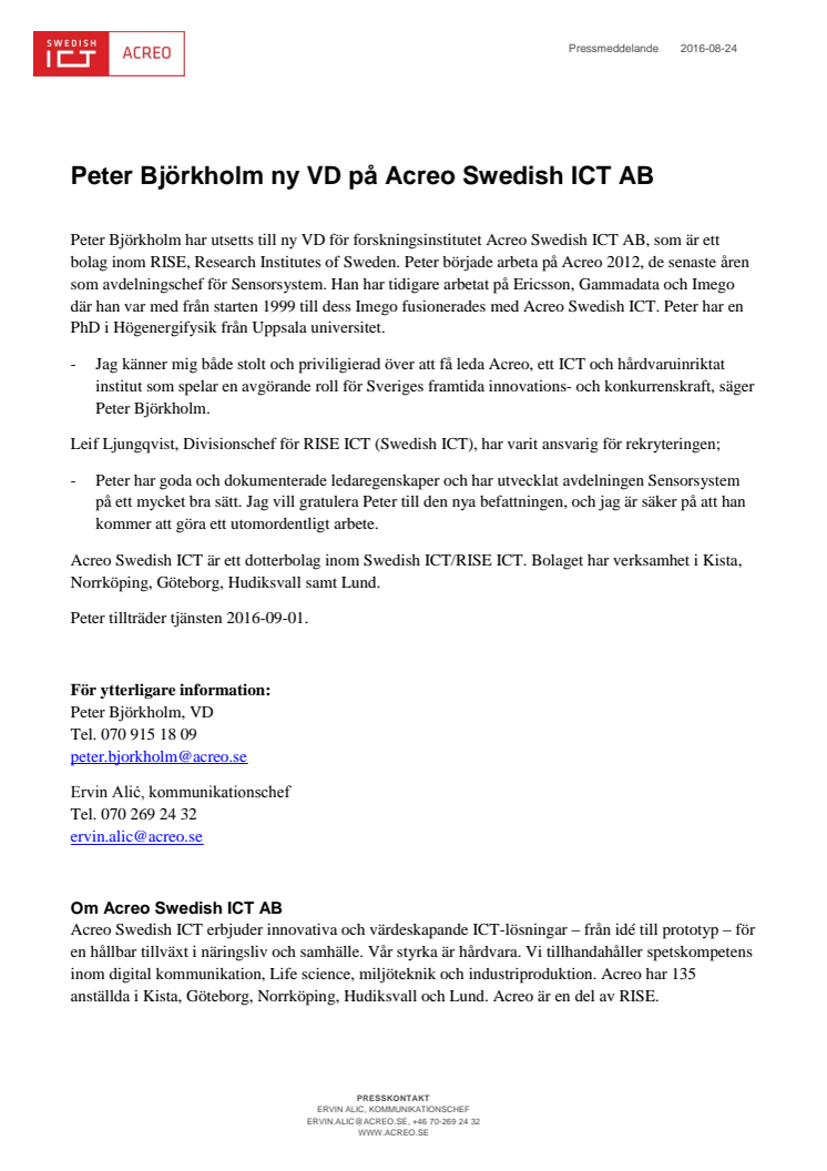 Peter Björkholm ny VD på Acreo Swedish ICT AB