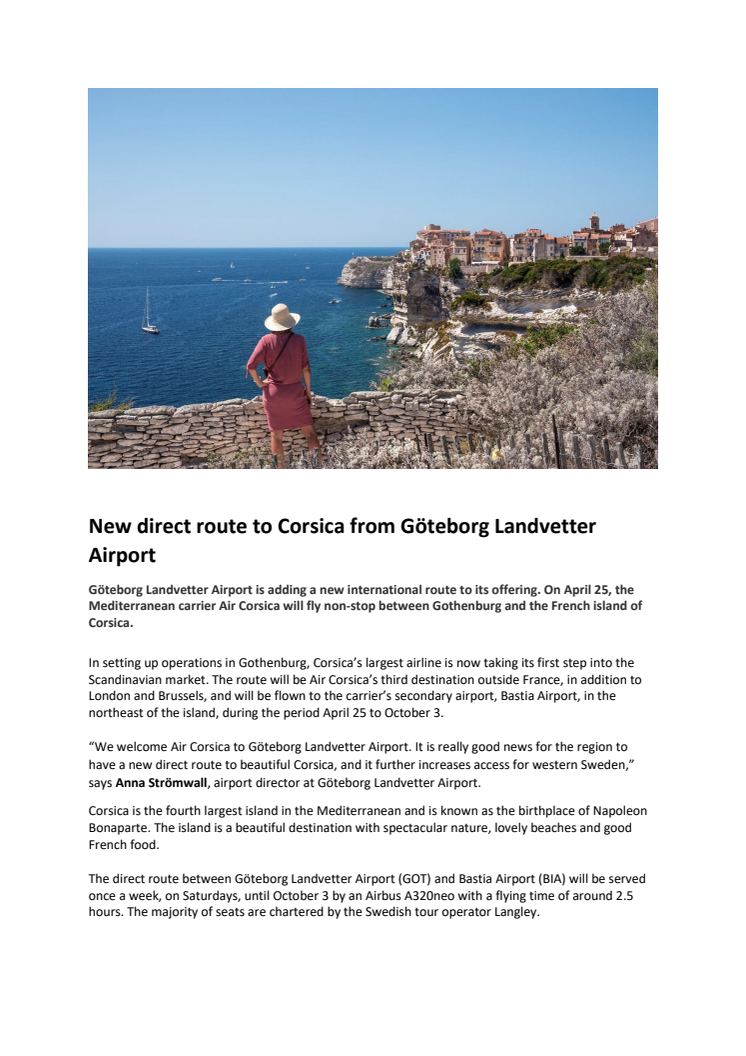 New direct route to Corsica from Göteborg Landvetter Airport