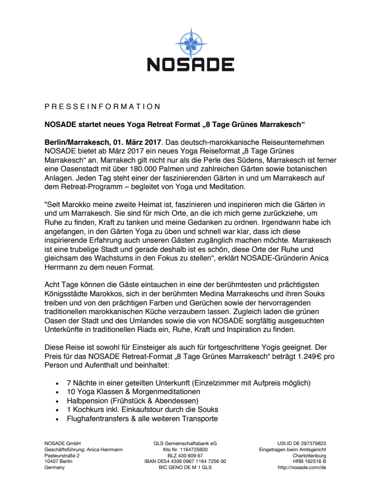 NOSADE startet neues Yoga Retreat-Format „8 Tage Grünes Marrakesch“ 