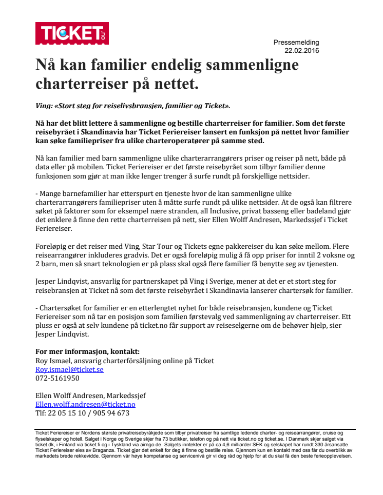 Nå kan familier endelig sammenligne charterreiser på nettet.