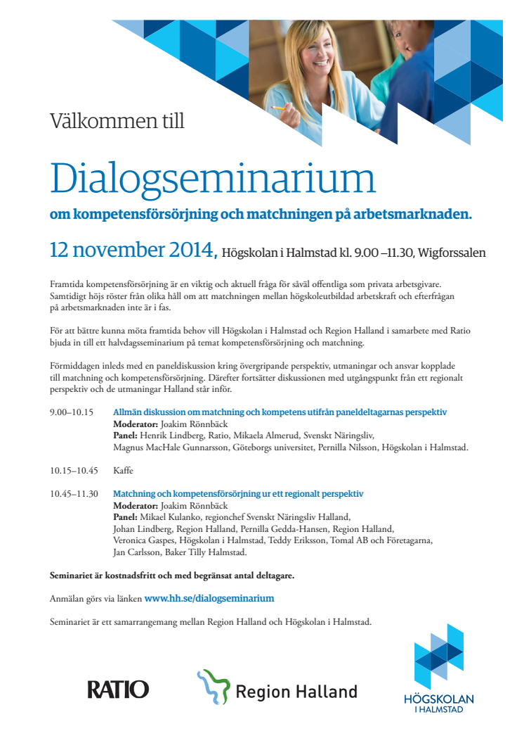 Inbjudan till dialogseminarium om kompetensförsörjning och matchning, den 12 november 2014.