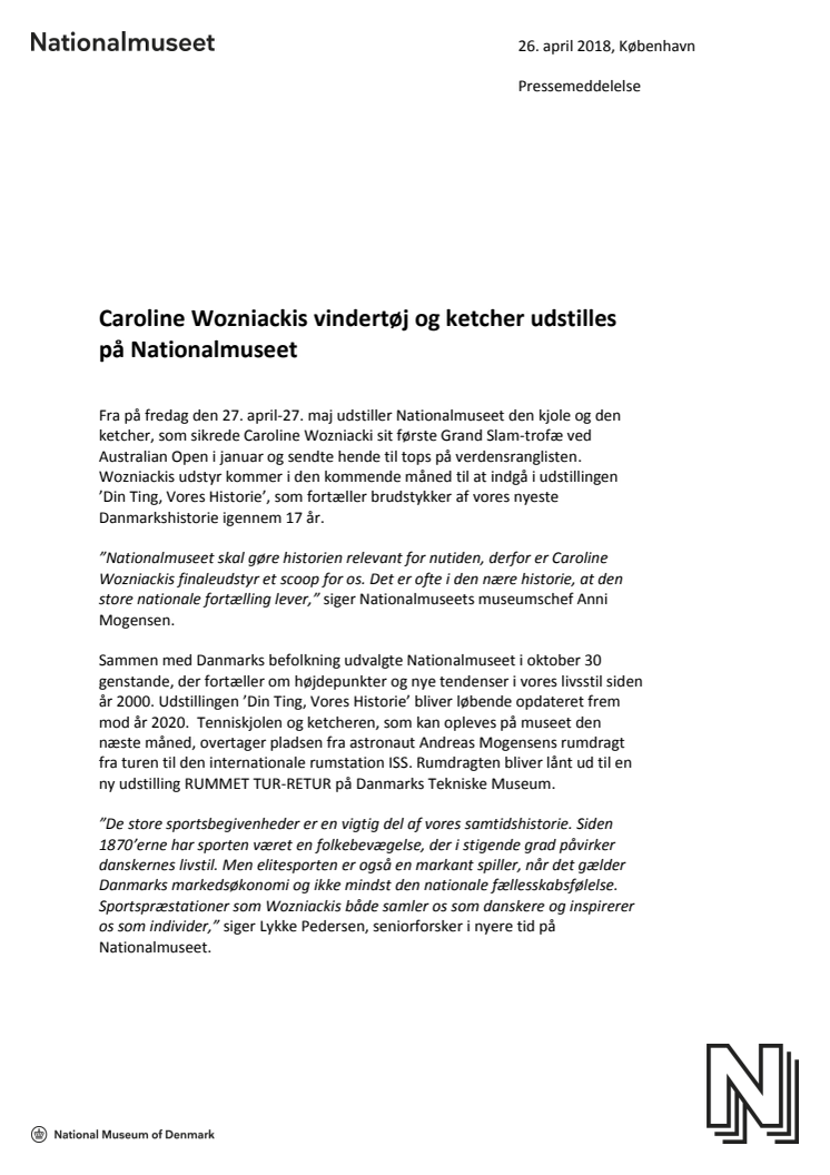 Caroline Wozniackis vindertøj og ketcher udstilles på Nationalmuseet 